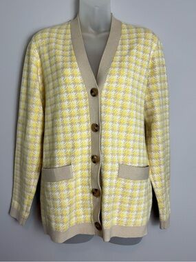 Ann Taylor Yellow & Cream Houndstooth Button Front Cardigan Sweater Size Medium